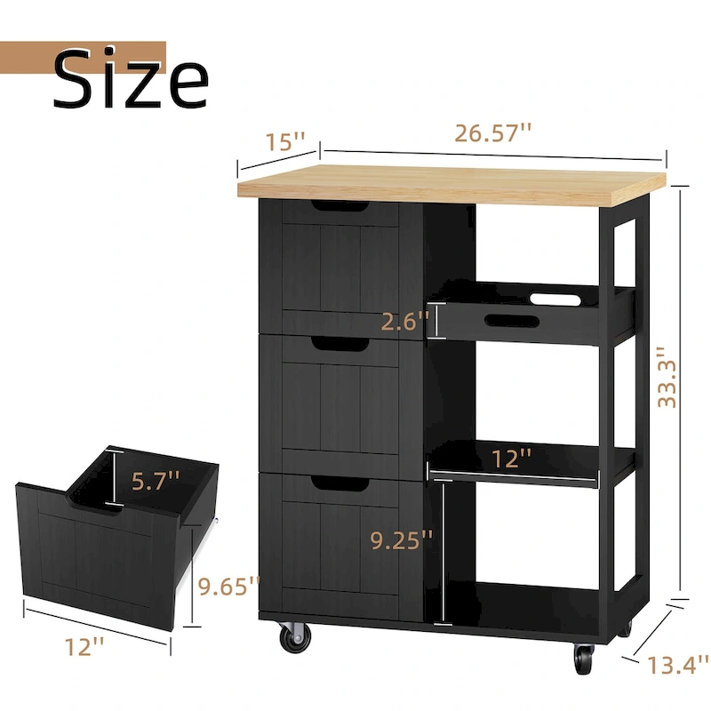 Futzca Kitchen Island Cart with 3 Open Shelves and 3 Drawers - N/A