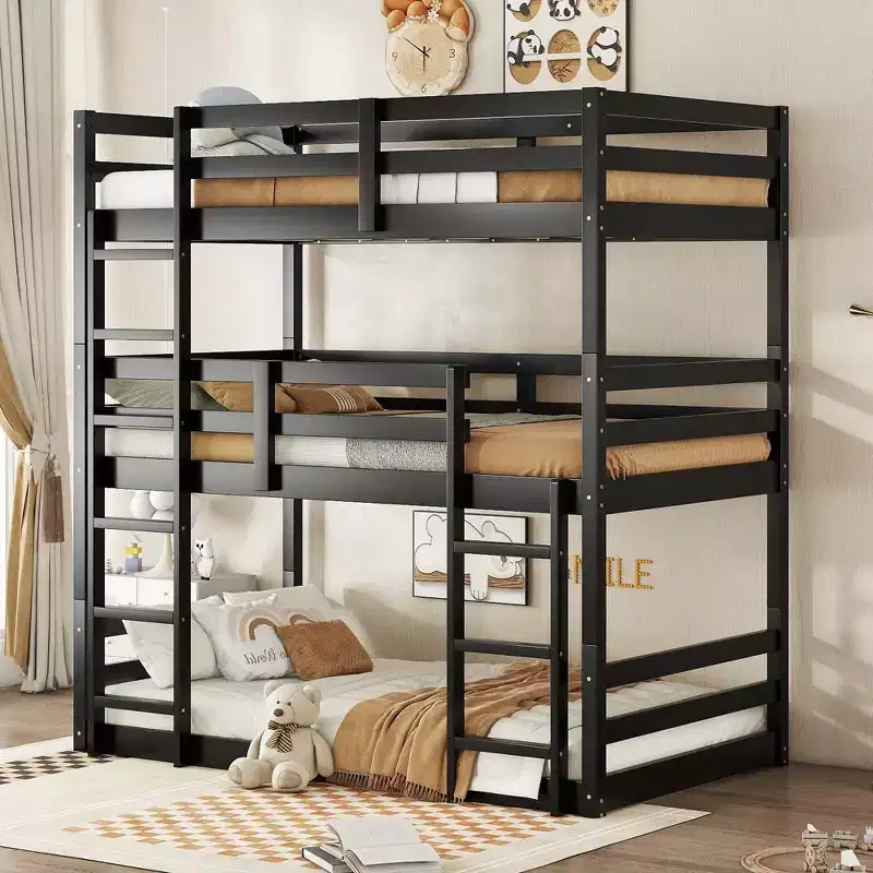 Whisen Rubber Wood Detachable Triple Twin Bunk Bed with Two Built-in Ladders and Guardrails