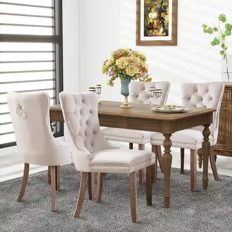 Velvet Dining Chairs, Tufted Solid Wood Armless Chairs Accent Chair with Nailhead Trim and Back Ring Pull