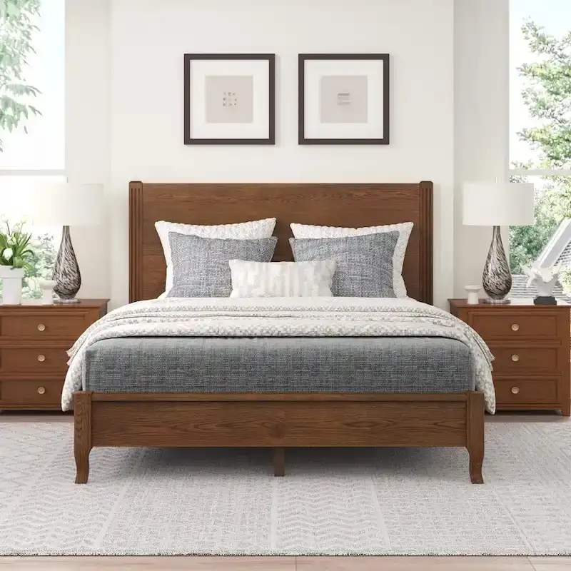 LUE BONA Solid Wood Panel Platform Bed with Headboard, Double Size Beds Wooden Rustic Bed Frame Bedroom Furniture