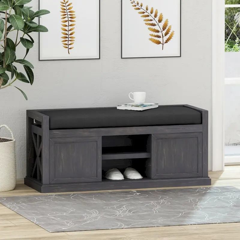 Cantebella Modern Acacia Wood Storage Bench with Cushion by Christopher Knight Home