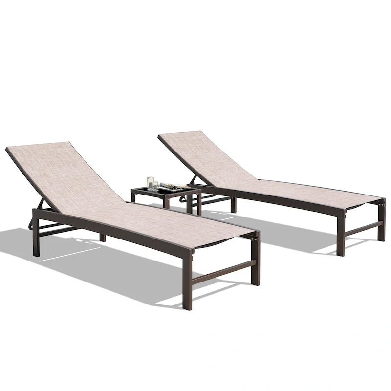 Outdoor Patio Aluminum Adjustable Lounge Chairs and Side Table Set 3-piece