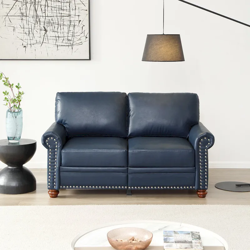 Navy Blue Faux Leather Loveseat with Silver Nailhead Trim & Under-Seat Storage - Fits 2 People