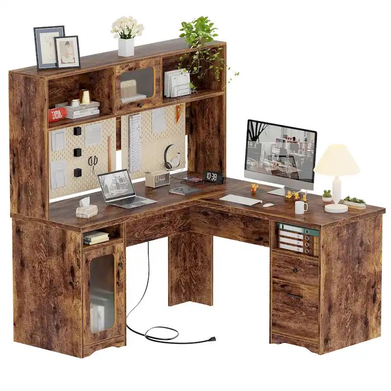L-shaped Executive Desk Office Computer Table with Top Hutch and Charge Station
