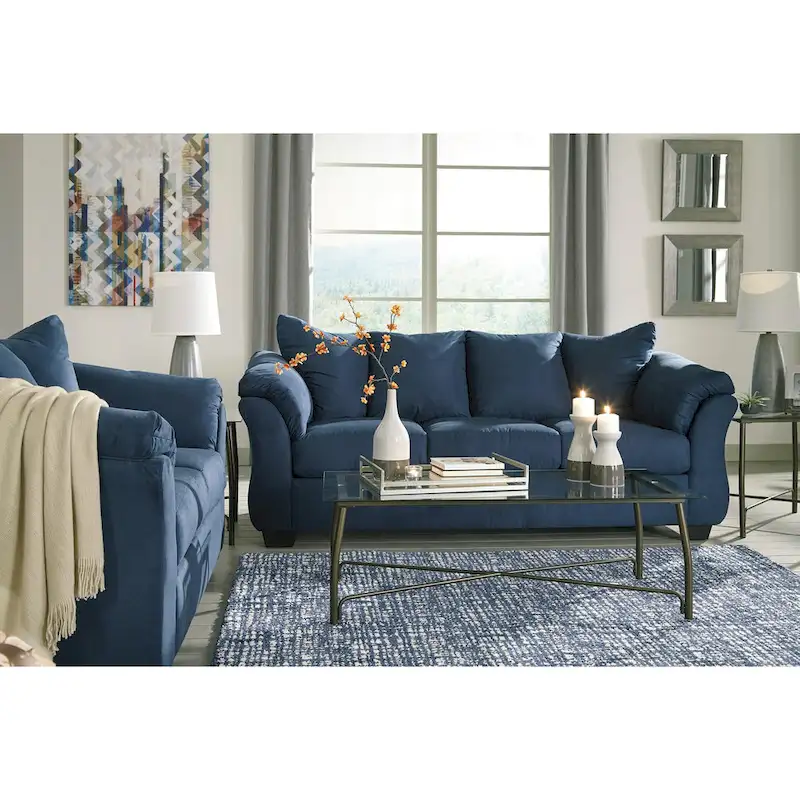 Aruca Navy Blue Microfiber Pillow Back Sofa and Loveseat Set