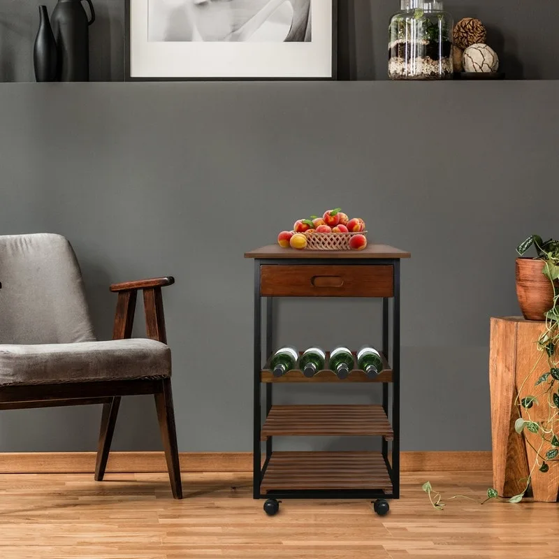 Solid Wood 4-Tier Rolling Kitchen Cart with Wine Rack and Drawer