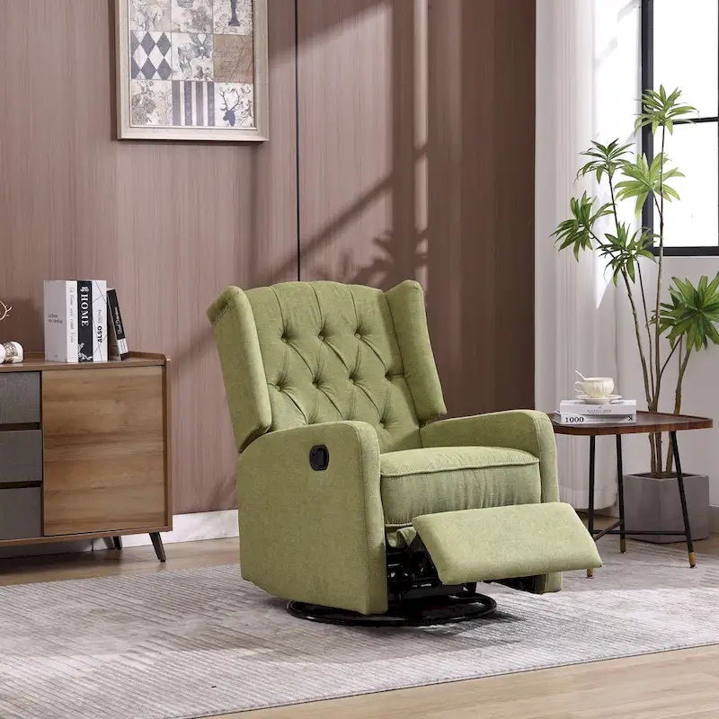 Olive Green Linen 360 Swivel Glider Rocker Manual Recliner with Button-tufted Backrest and Footrest for Living Room, Bedroom