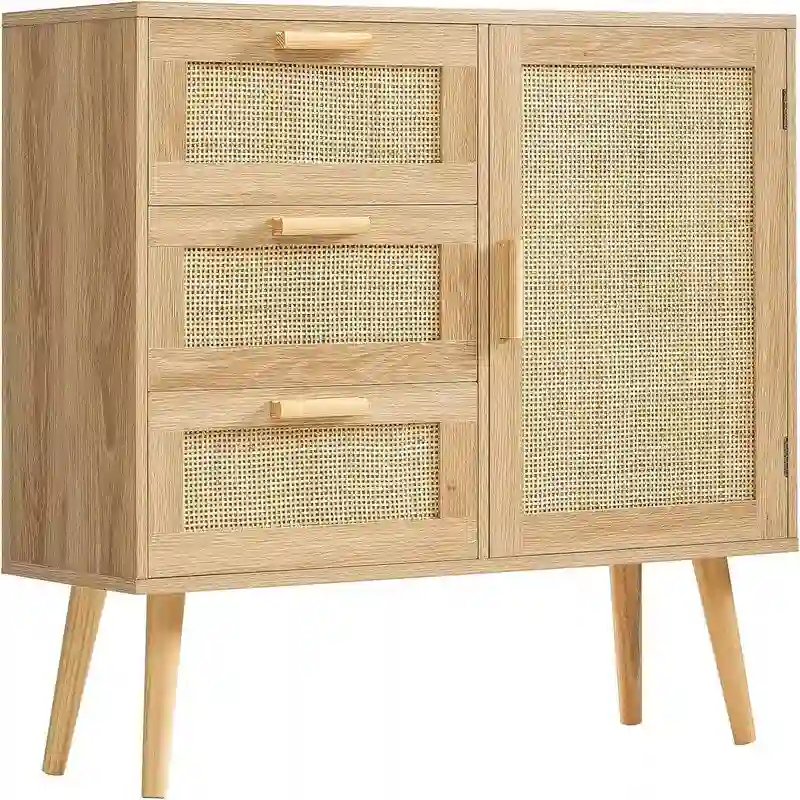 White / Grey / Natural / Rustic Brown Rattan Door Storage Cabinet with 3 Drawers — For 2