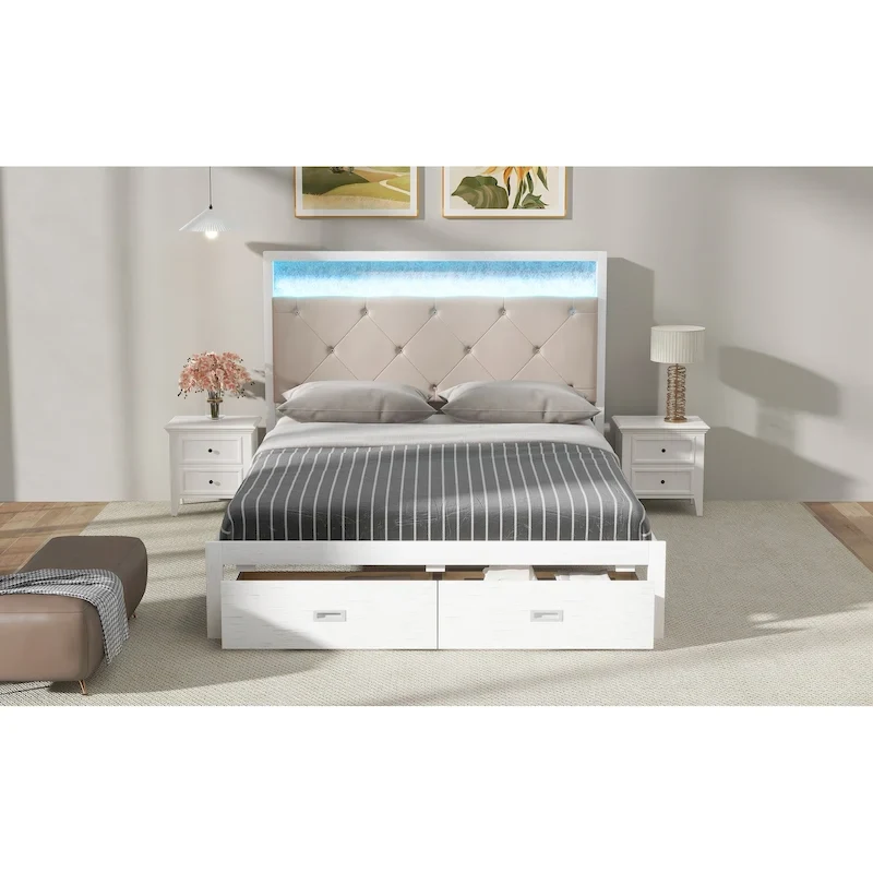 Wood Queen Size Platform Bed with Upholstered Headboard and LED and 2 Drawers