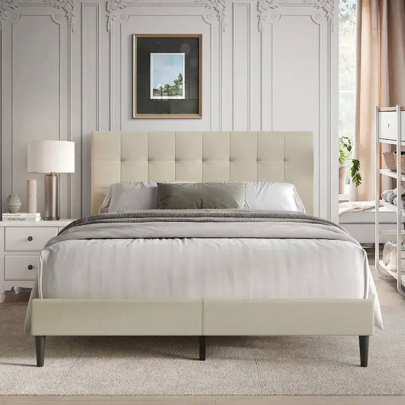 Beige / Light Grey / Black Linen Upholstered Platform Bed with Square Stitching Headboard – Twin / Full / Queen / King