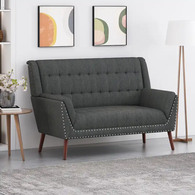 Mid-Century Modern Fabric Settee with Nailhead Trim | Upholstered Bench Sofa