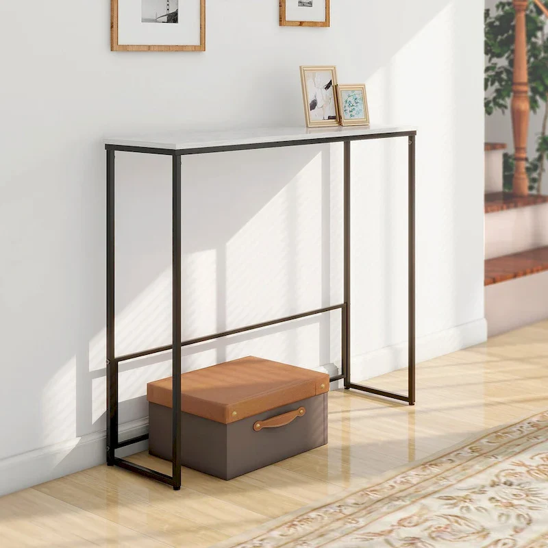 Maypex White Quartz Stone Narrow Console Table with Black Base