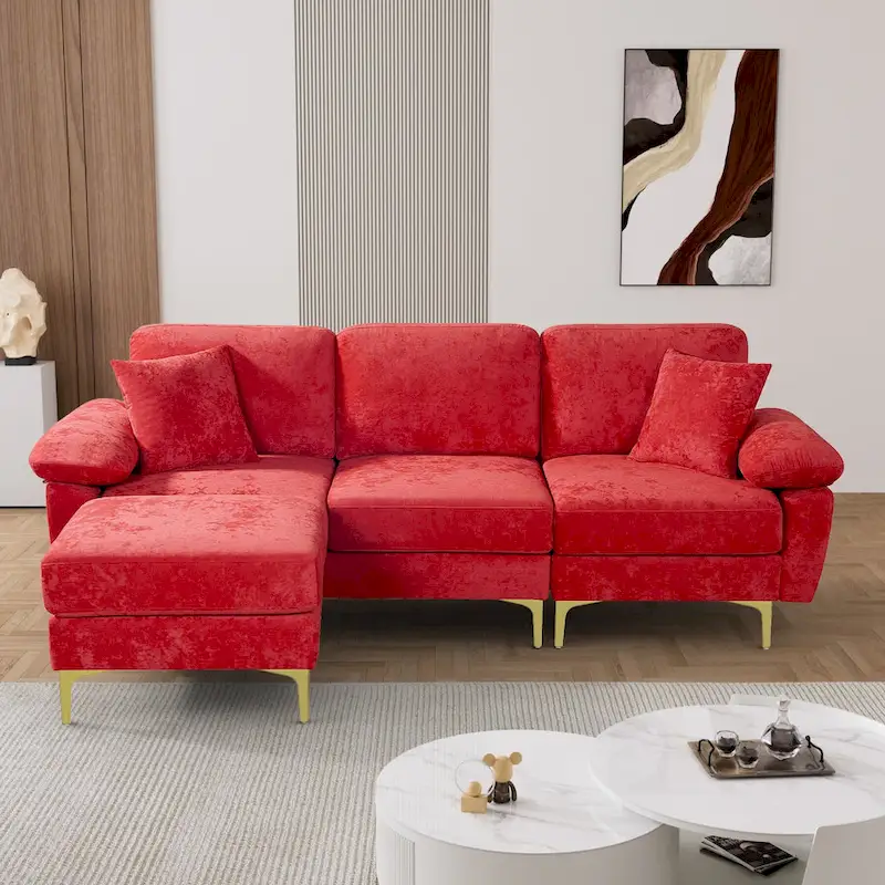Ouyessir 2-Pieces Upholstered Velvet Sectional Sofa with 2 Pillows & Ottoman