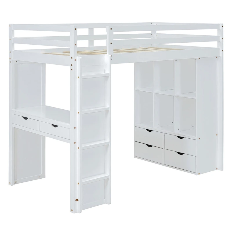 Merax Loft Bed with large shelves, writing desk and LED Light