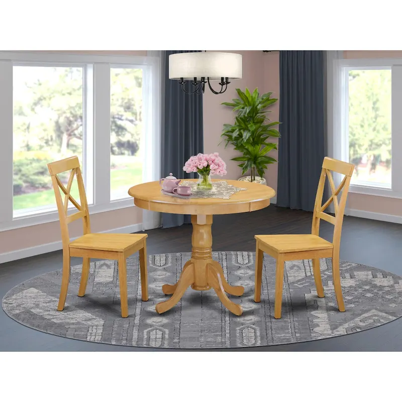 East West Furniture 3 Piece Modern Dining Table Set- a Round Kitchen Table with Pedestal and 2 Kitchen Dining Chairs, Oak