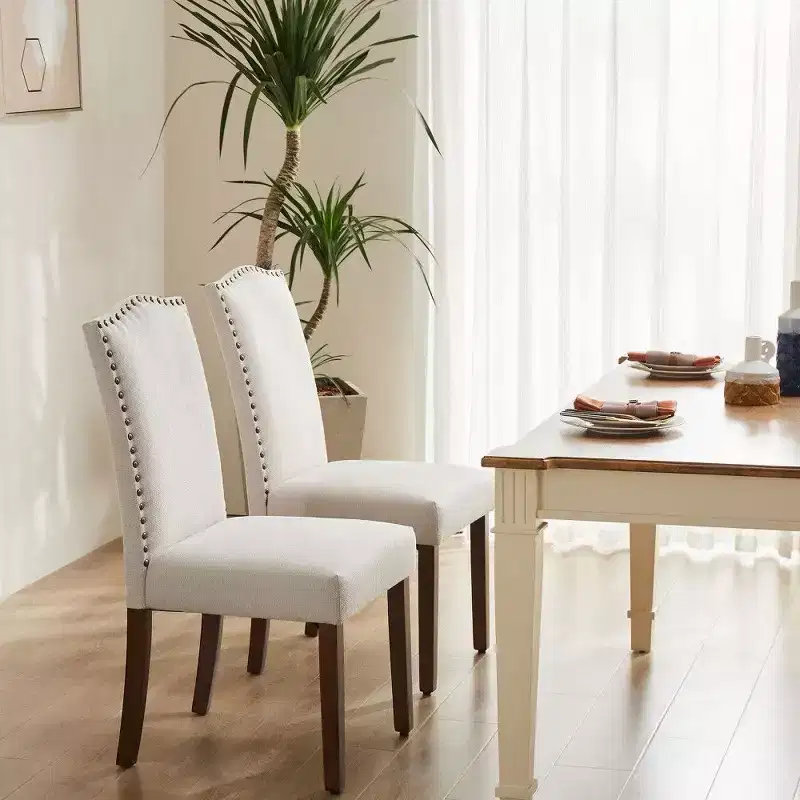TUYOHW Modern Dining Chairs Set of 2,Linen Upholstered Kitchen Chairs with Nailhead Trim & Rubberwood Legs for Dining Room,Kitchen,Living Room