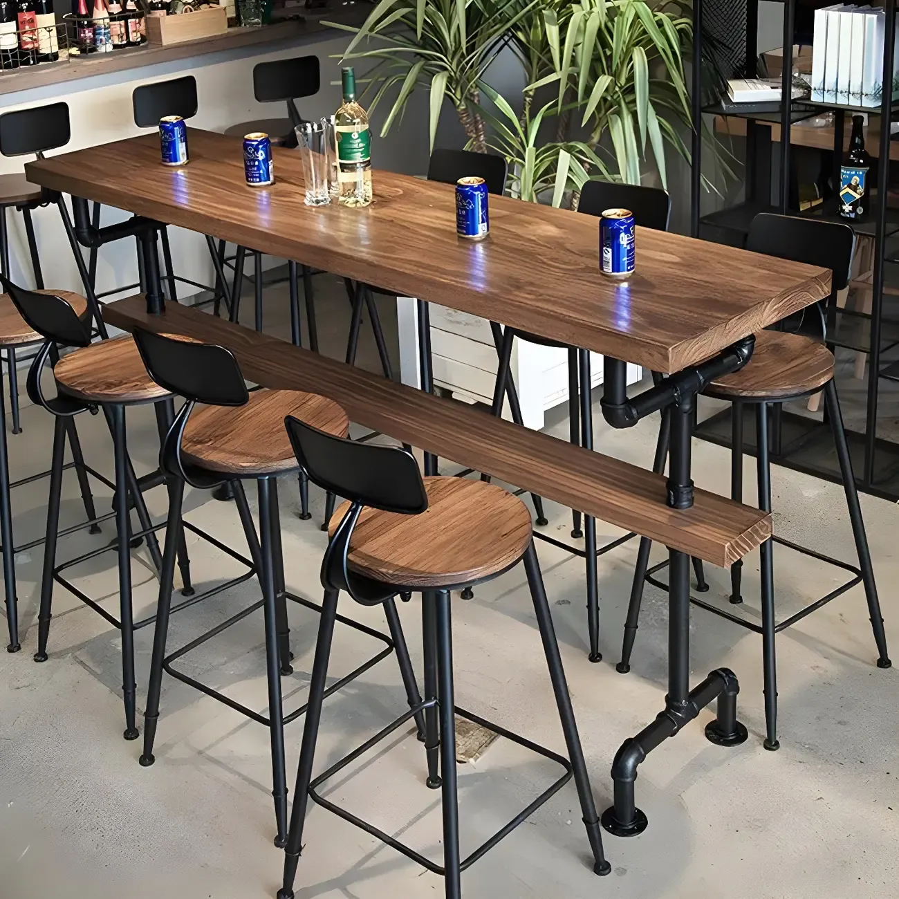 Rectangular Brown Pine Wood Bar Table with Footrest