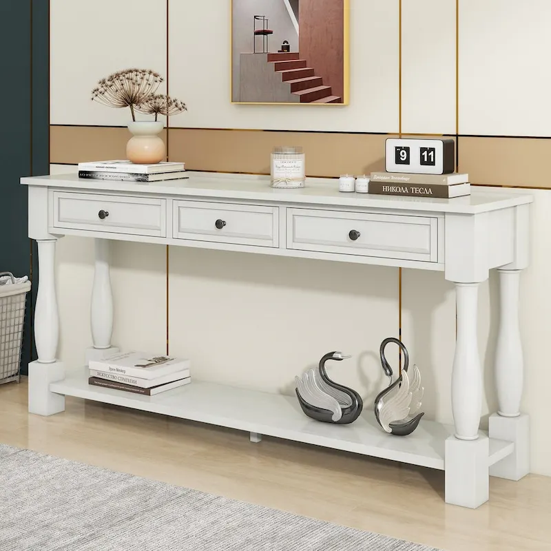 Espresso / Navy / Antique White Distressed Console Table with 3 Drawers & Shelf, 1-Person Assembly