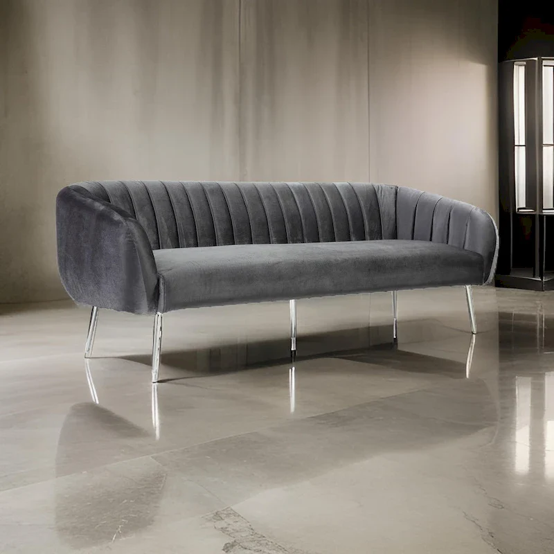 74-inch Channel Stitched Velvet Sofa with Silver Metal Legs - Gray