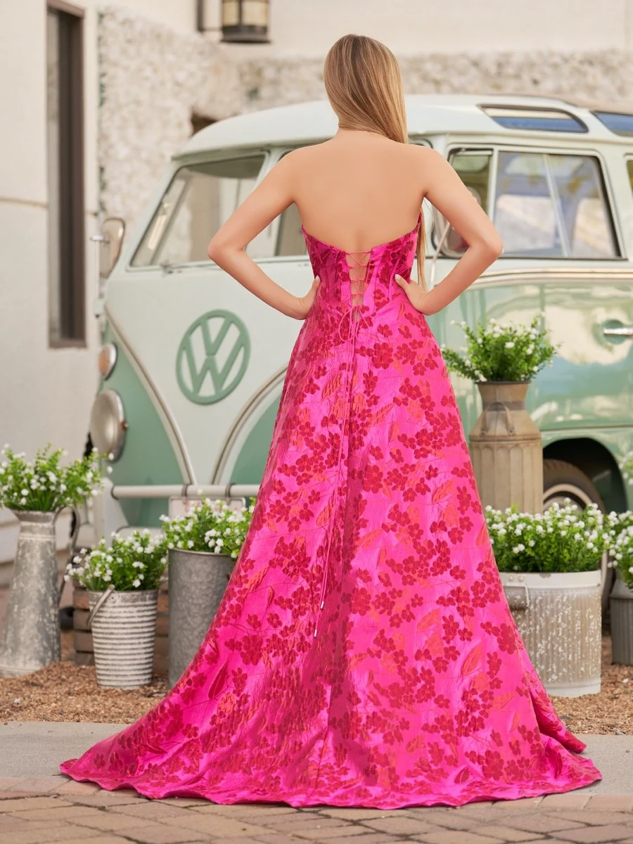 Stylish A Line Sweetheart Fuchsia Jacquard Satin Prom Dress