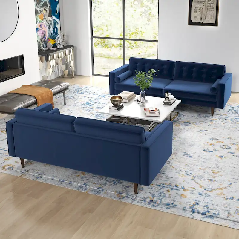 Kenzo Mid Century Pillow Back Velvet Sofa and Loveseat Set