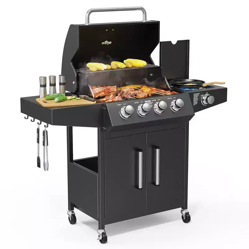 ROVSUN 4 Burner Propane Gas Grill with Side Burner, BBQ Grills with Enameled Cast Iron Grates & Cabinet for Outdoor Garden Patio Backyard Barbecue