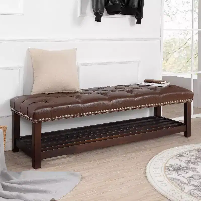 TUYOHW 60 Upholstered Bench with Shelf,PU Leather End of Bed Bench with Nailhead Trim,Tufted Storage Bench for Bedroom Entryway