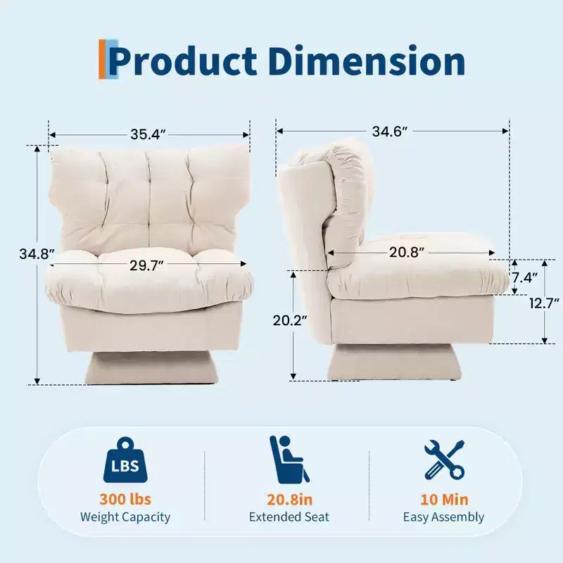 Acekool 360 Swivel Accent Chair, Chenille Upholstered Reading Lounge Chair with Thick Cushion for Living Room or Bedroom