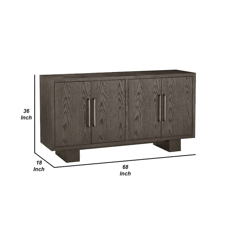 Mod 68 Inch Sideboard Buffet Cabinet, Rubberwood, Grain Details, Ash Gray