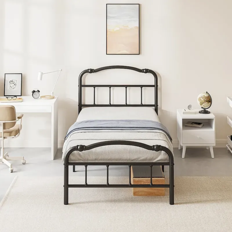 Heavy Duty Anti-Sway 18 Inch High Steel Tube Iron Bed, Double Wave Headboard And Footboard