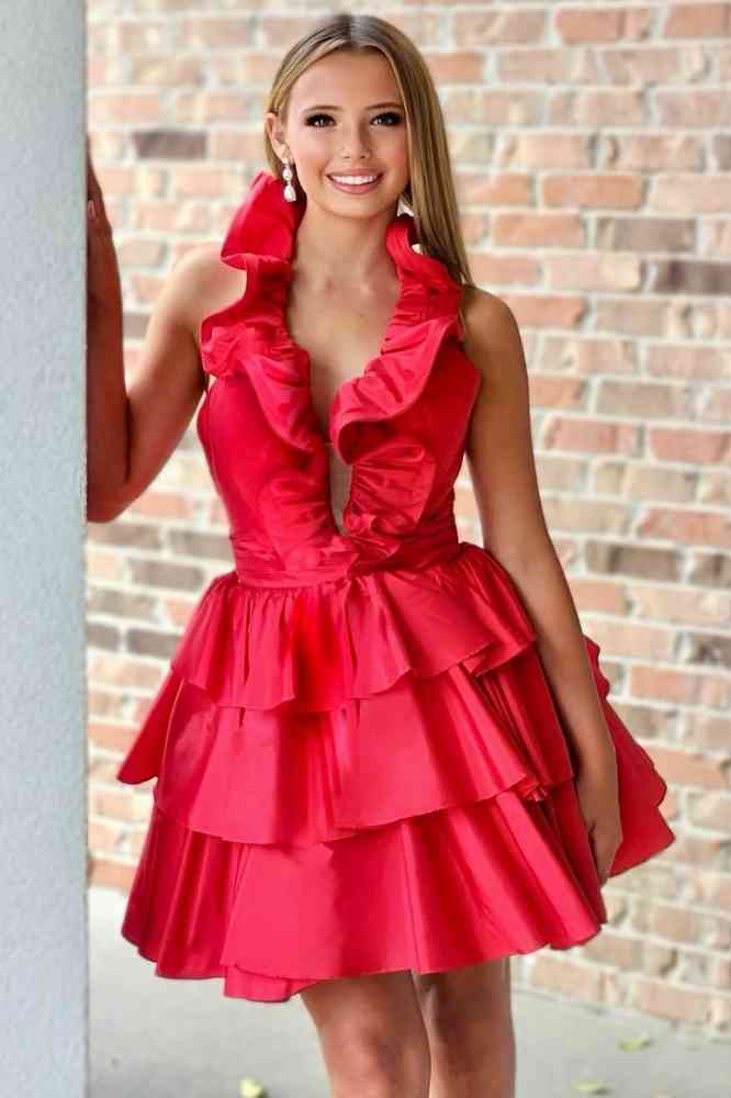 A-Line Deep Halter Satin Short Homecoming Dress with Ruffles