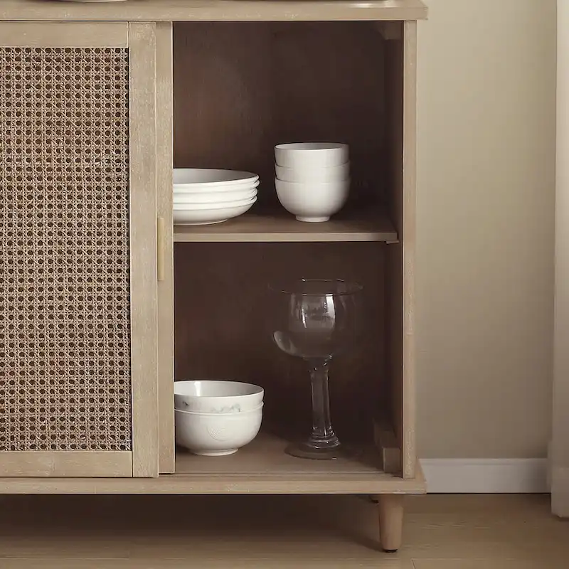 Natural Bamboo / Walnut Woven Rattan Accent Cabinet with Sliding or Standard Doors – Single Unit