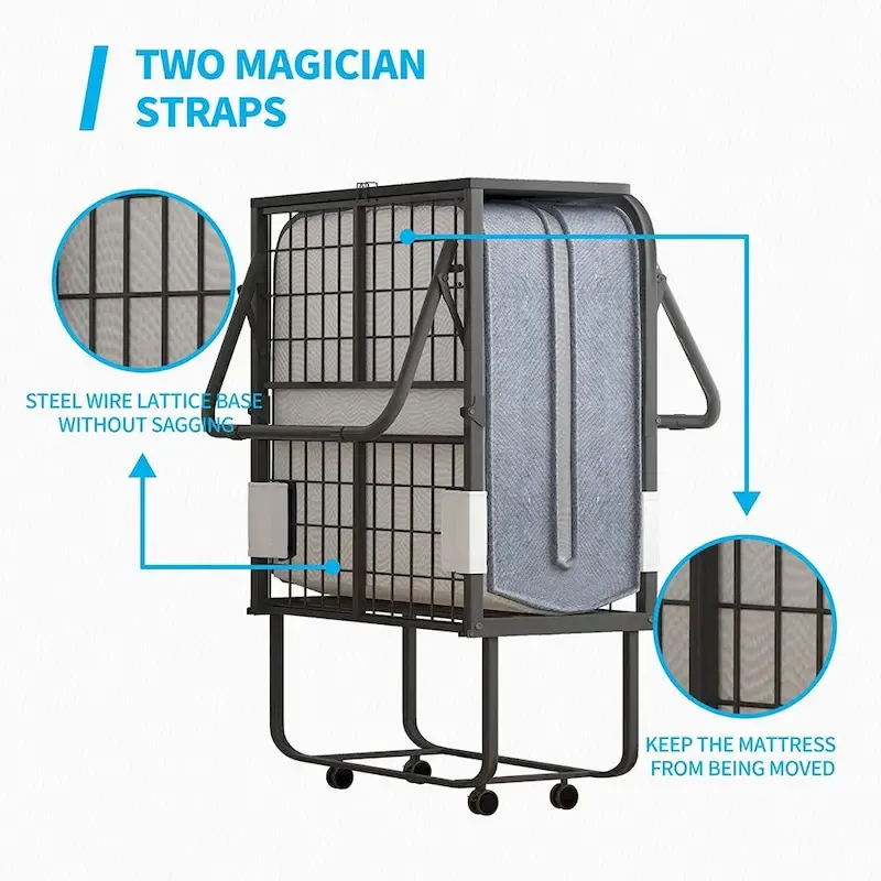 Space Saving Fold up Bed with Mattress & Wheels