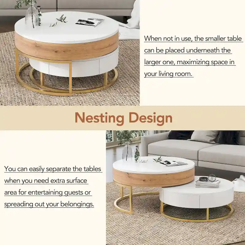 Modern Round Lift-top Nesting Coffee Tables with 2 Drawers White & Black