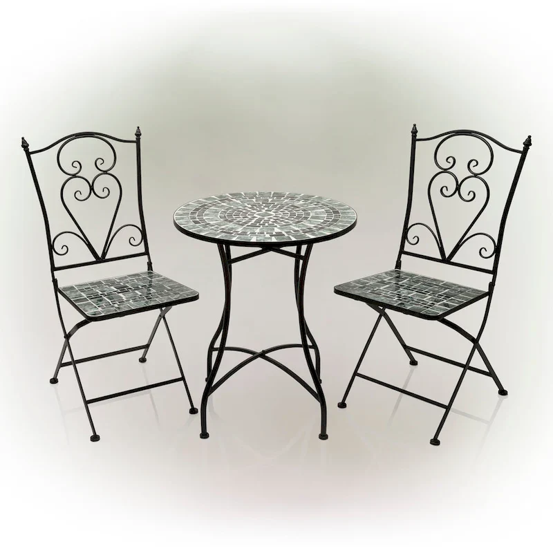 Alpine Corporation Indoor/Outdoor Marbled Glass Mosaic 3-Piece Bistro Set Folding Table and Chairs Patio Seating