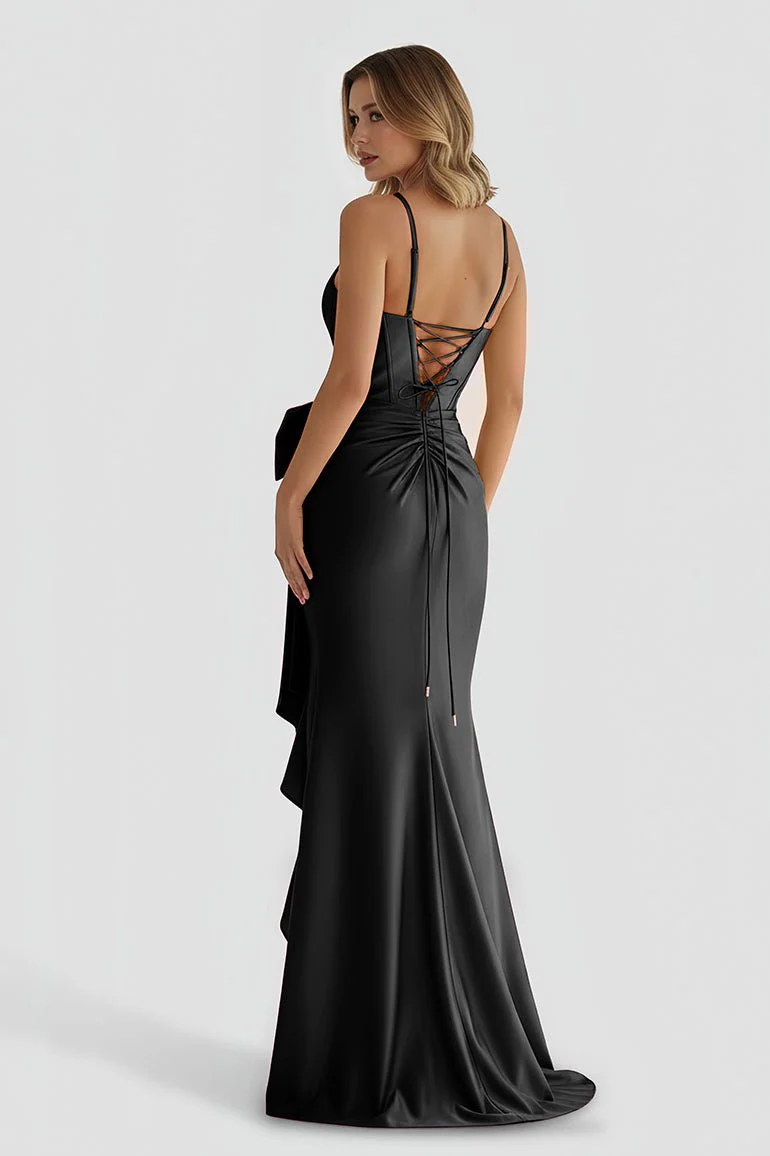 Straps V-Neck Satin Mermaid Prom Dress with Bow