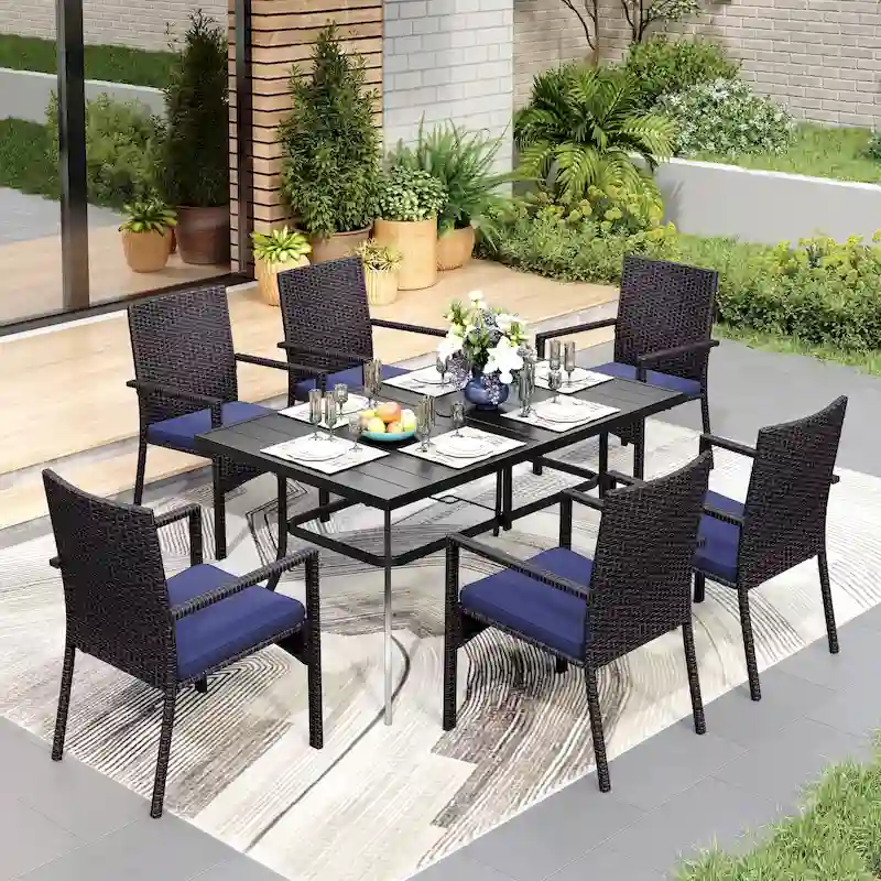 MAISON ARTS 7/8 Pieces Outdoor Patio Dining Set, 6 PE Rattan Chairs with Cushions and 1 Rectangle Metal Table