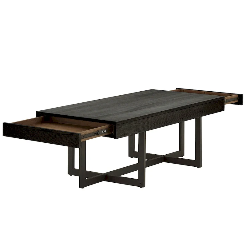 Wood Finish Coffee Table with Two Drawers - Black Metal Frame
