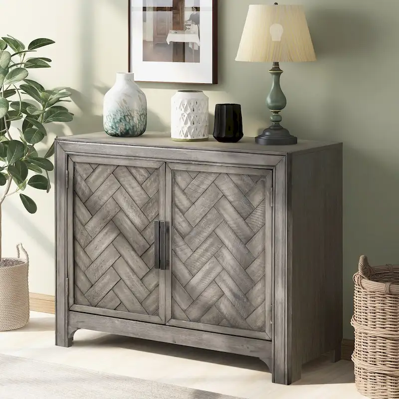 Antique White/Blue/Gray 2-Door Storage Cabinet with Adjustable Shelf