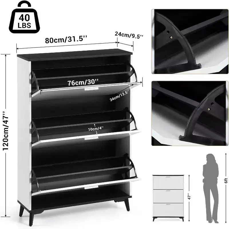 Shoe Cabinet, Shoe Storage Cabinet with 3 Flip Drawers, 47 Freestanding Shoes Organizer with Legs