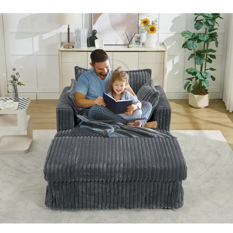 Dark Gray Corduroy Chaise Longue Chair with Ottoman and Pillows