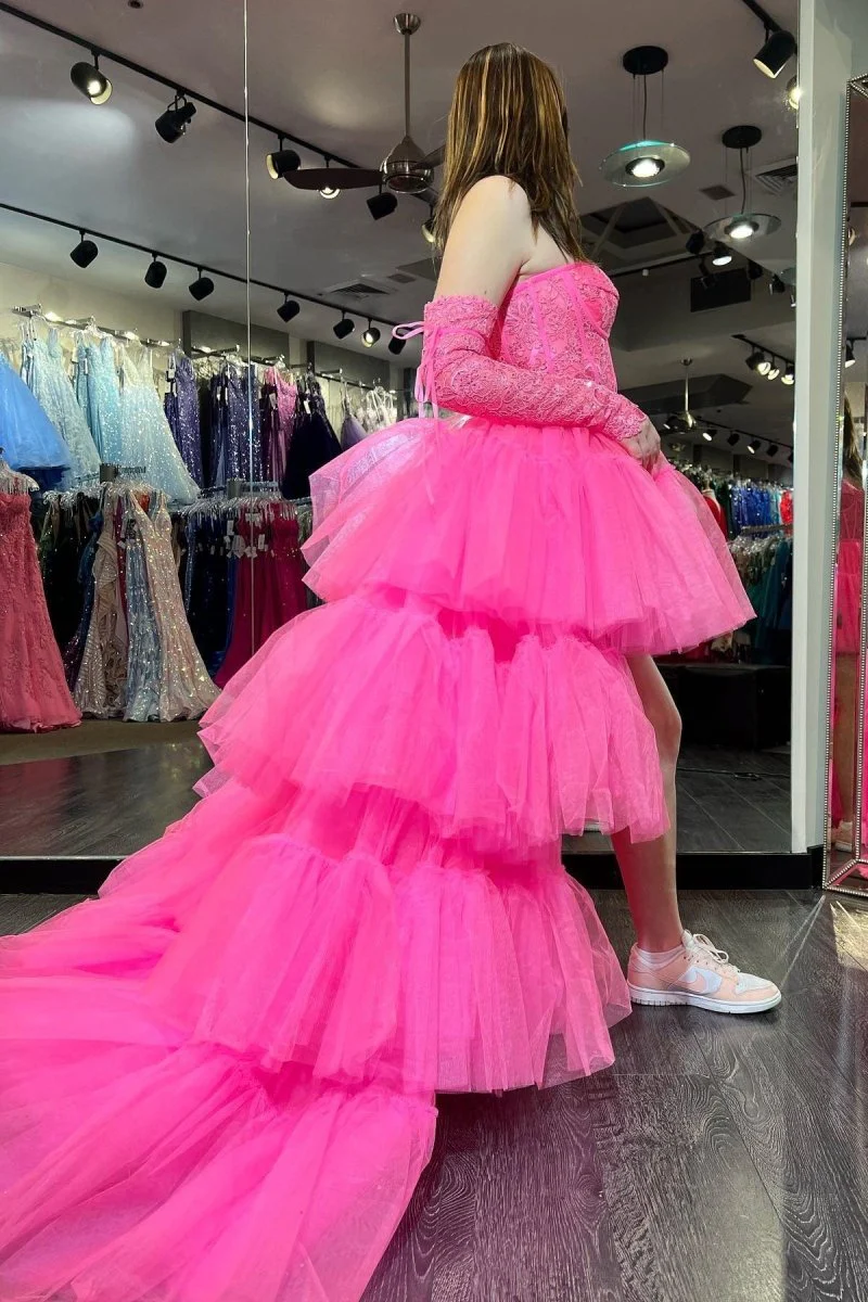 Hot Pink Off-Shoulder A-line Tulle Layers Applique High-Low Prom Dress