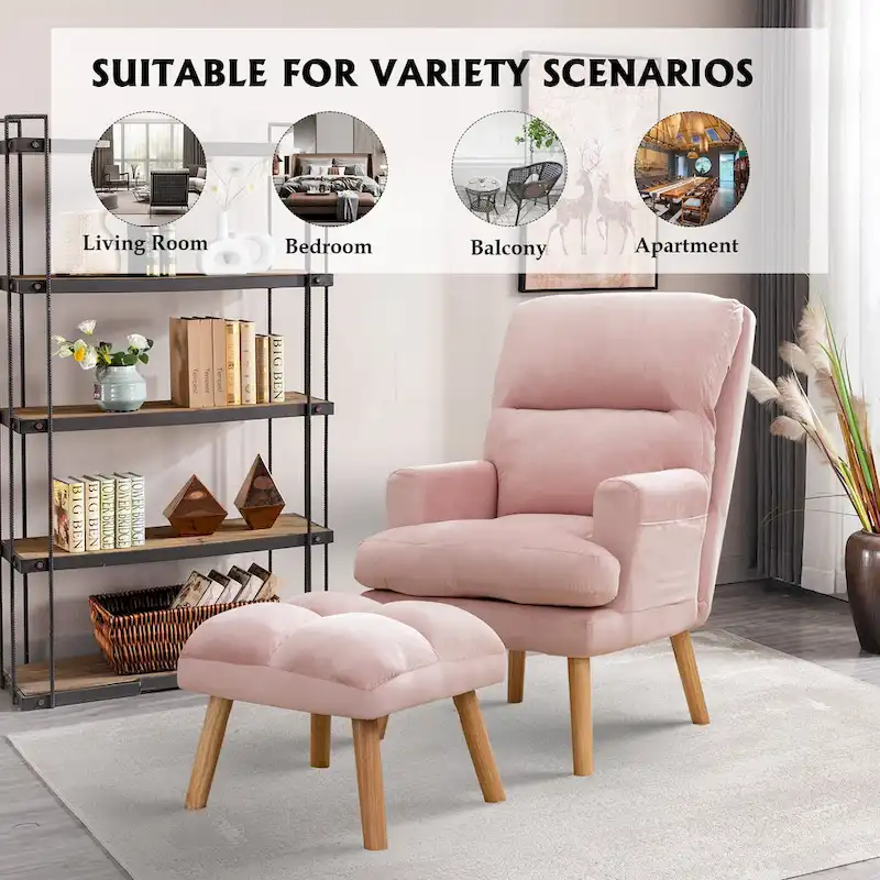 Velvet Fabric Armchair with Ottoman with Adjustable Backrest and Side Pockets