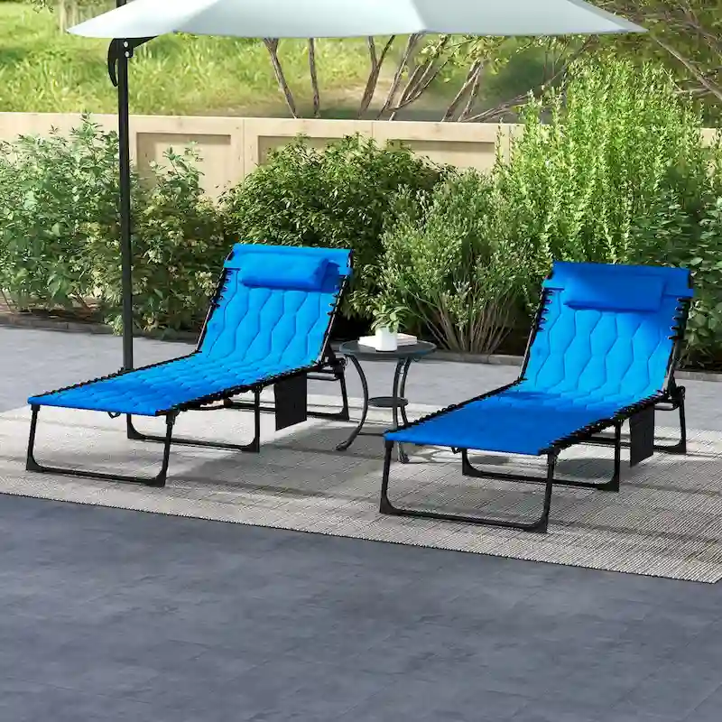 2-Piece Outdoor Folding Chaise Lounge Set with 5-level Reclining Back, Padded Seat, Side Pocket & Headrest