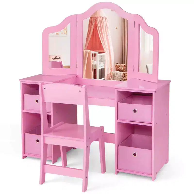 Costway Kids Vanity Table & Chair Set 2-in-1 Princess Pretend Play Makeup Vanity Set Pink/White