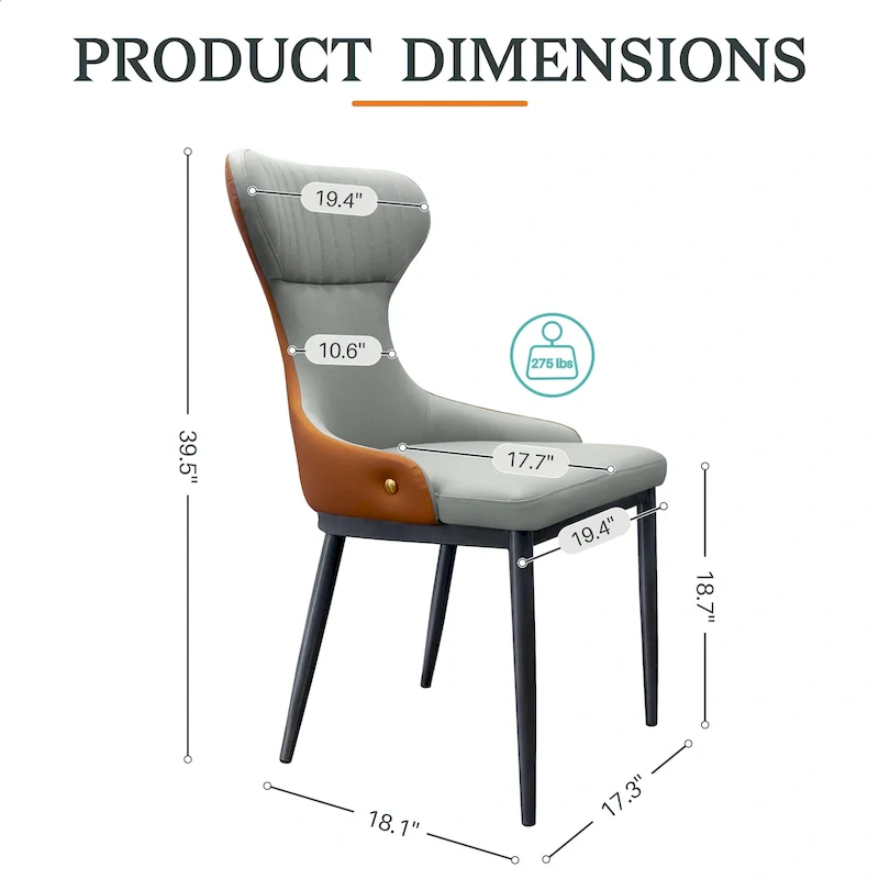Armless Wingback Dining Chair with Curved Tufted Back & Metal Legs – Grey
