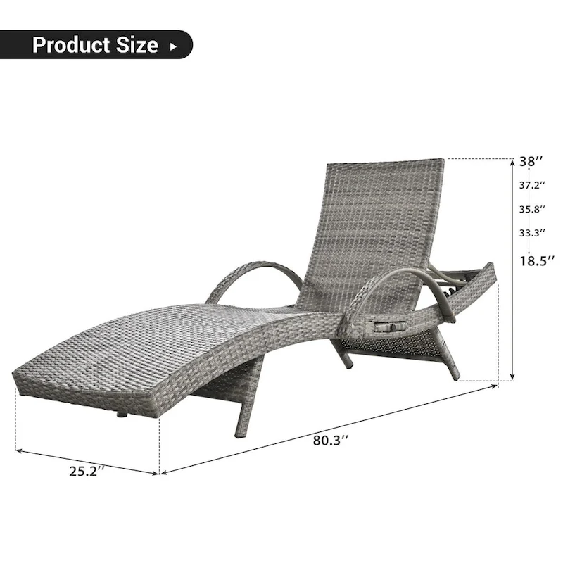 80 Wicker Chaise Lounge Chairs Set of 2,Patio Rattan Reclining Chair Pull-out Side Table Adjustable Backrest Ergonomic