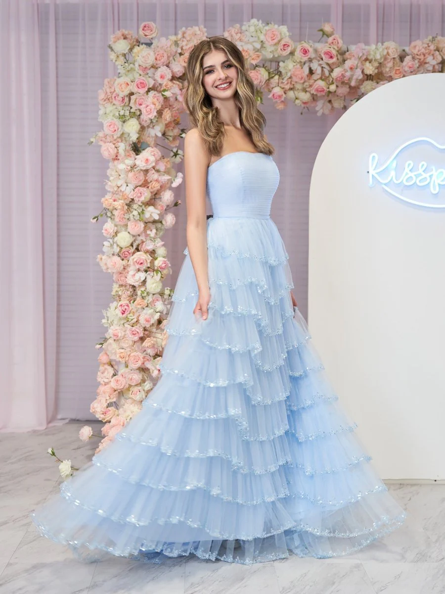 Sky Blue Strapless Layered Tulle Prom Dress with Sequins