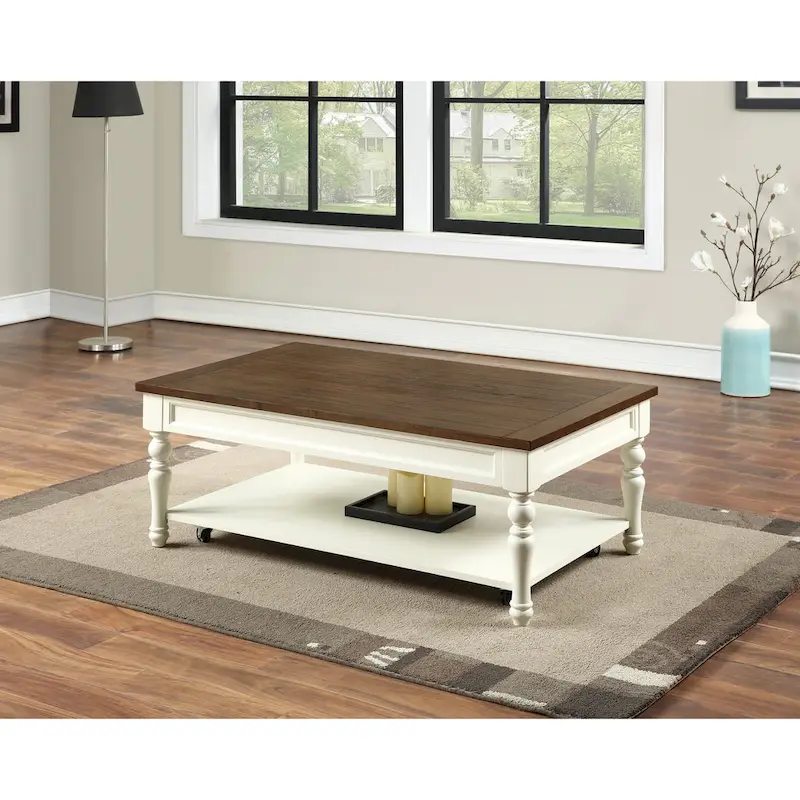 Ivory & Mocha 2-Tone Wood Coffee Table with Casters