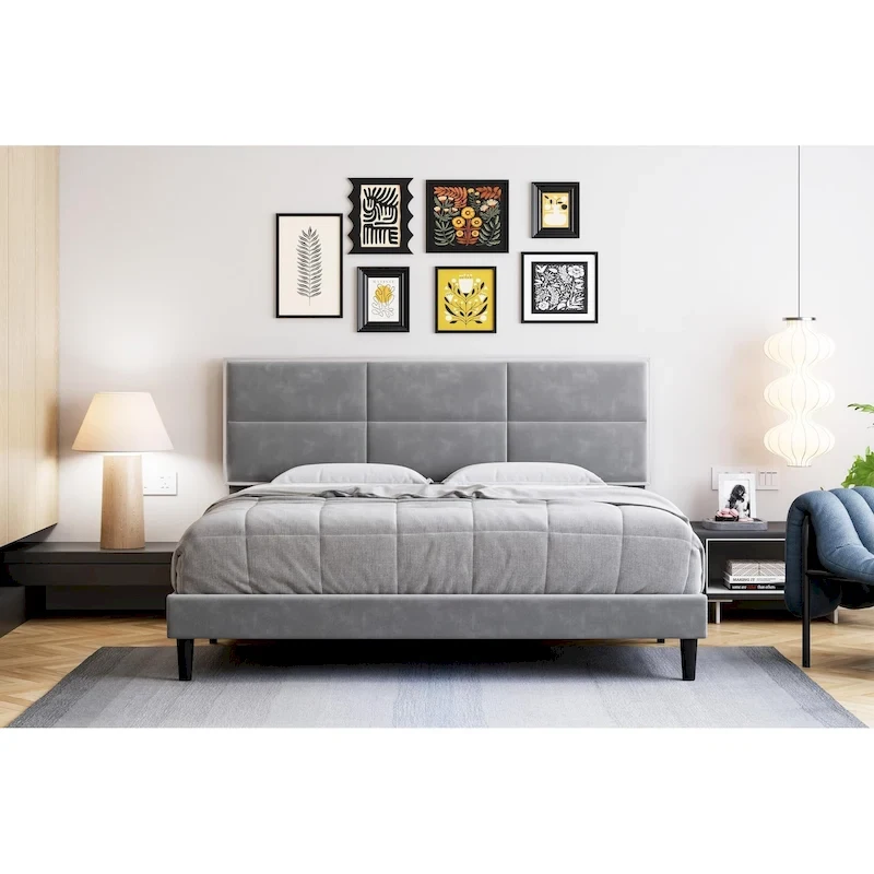 Bed Frame Upholstered Platform with Square Velvet Headboard